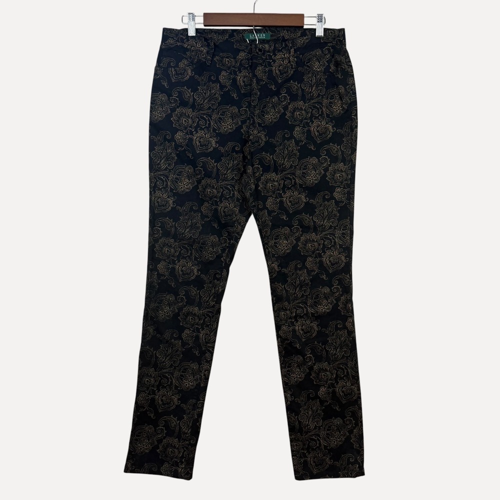 Lauren Ralph Lauren Paisley Pants Womens 10 Black Gold Metallic Slim Leg Stretch